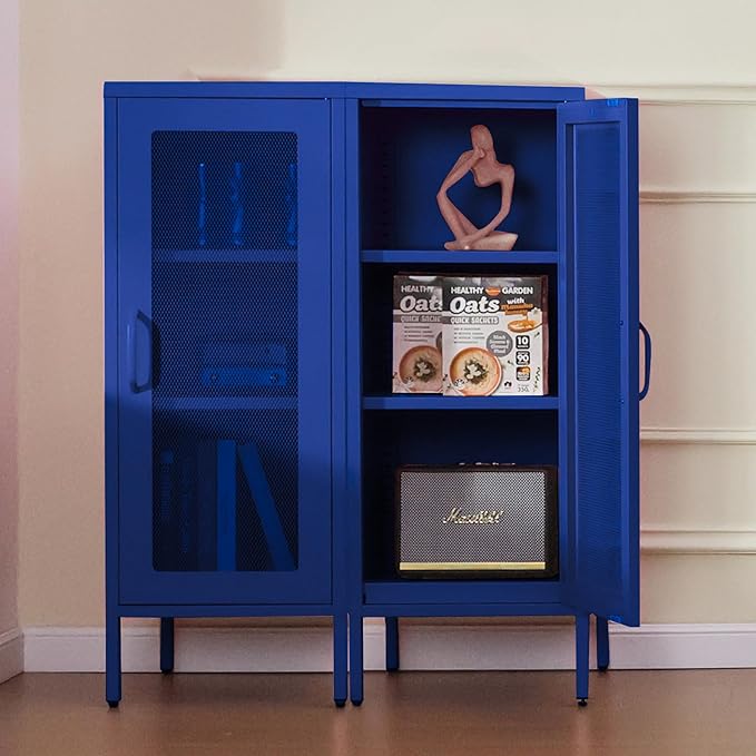 Slim Metal Storage Cabinet with Mesh Doors - 42'' Tall Narrow Organizer Tower, Compact Freestanding Cabinet, Versatile Utility Storage for Home, Office, Kitchen, Living Room, Durable and Modern Design