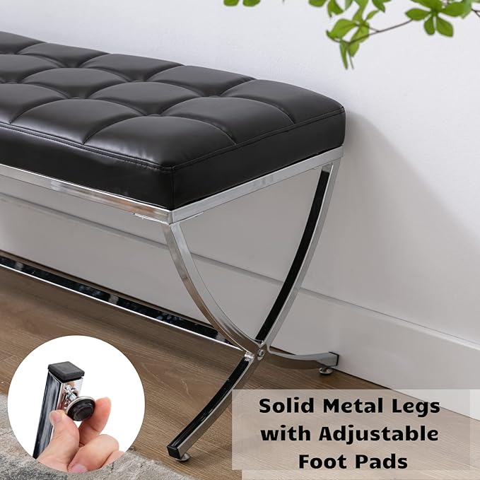 HEAH-YO Modern Dining Bench for Table, Button Tufted Ottoman Bench with Metal Legs, Upholstered PU Faux Leather Footstool for Living Room Entryway, Black