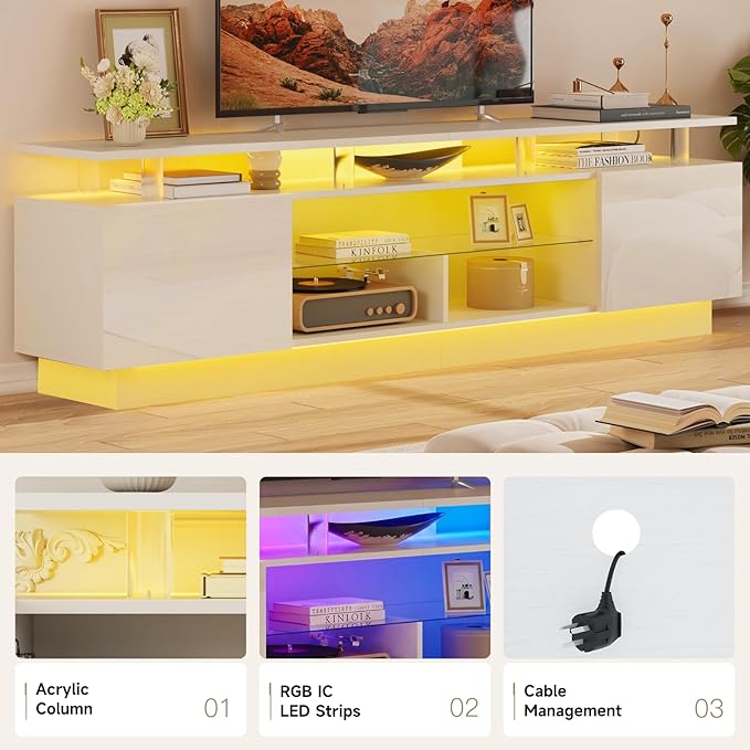 80” High-Glossy TV Stand with 2 Side Cabinets, Storage Entertainment Center, Modern Stylish TV Console with 3 Layer LED Lights&Power Outlets,Remote&APP Control for Living Room Use White