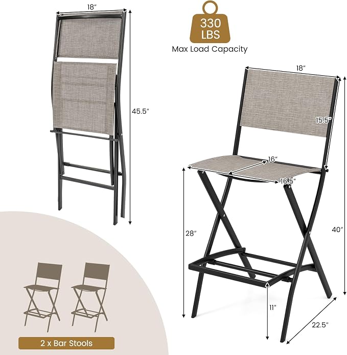 COSTWAY Outdoor Patio Bar Chair Set of 2, Folding Counter Height Stool with Metal Frame & Footrest, Patio Bar Stool for Balcony, Garden & Poolside (2, Coffee)