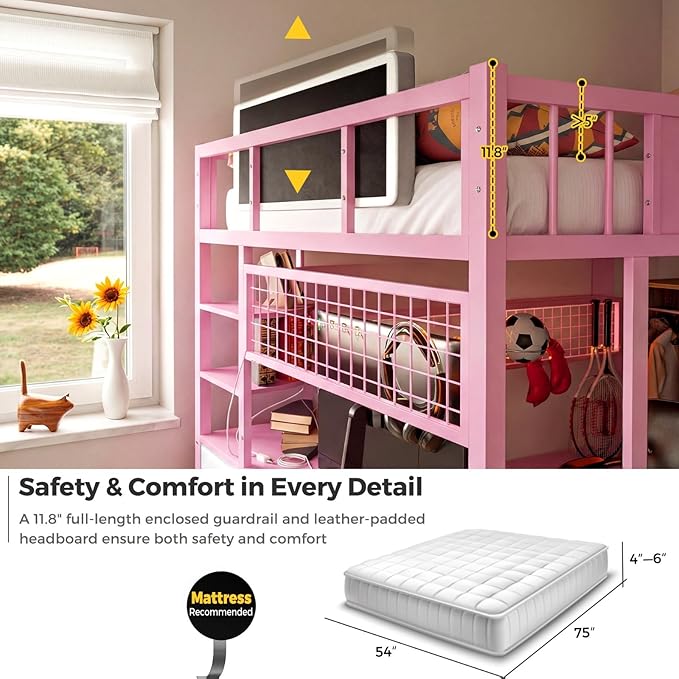 Kikihouse Full Size Loft Bed with Desk and Stairs, Headboard, Wardrobe, Bedside Storage Shelf, 6 Drawers, Charging Station & LED Light, Metal Gaming Loft Bed Frame for Adult Space-Saving