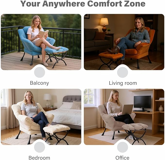 Tiita Lazy Chair with Ottoman, Black Modern Large Accent Chair, Comfy Leisure Sofa Armchair with Ottoman, Reading Chair with Footrest for Bedroom, Living Room, Dorm Rooms, Plush Black