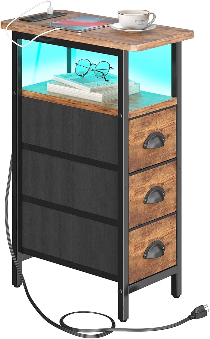 sthmec End Table with Charging Station,LED Side Tables with USB Ports and Outlets,Skinny Bedside Table with 3 Drawers,Small Nightstands for Small Space,Slim Sofa Table for Livingroom,Rustic Brown