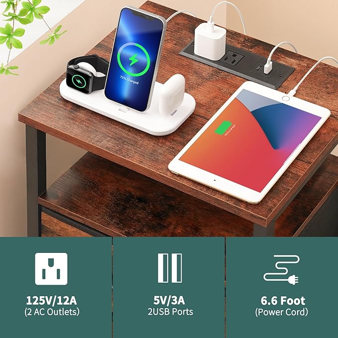 Yoobure Night Stand with Charging Station, 16 Colors LED Nightstand with USB Ports and Outlets, End Table with 3 Fabric Drawers and Storage Shelf, Bedside Tables Small Dresser for Small Space, Brown