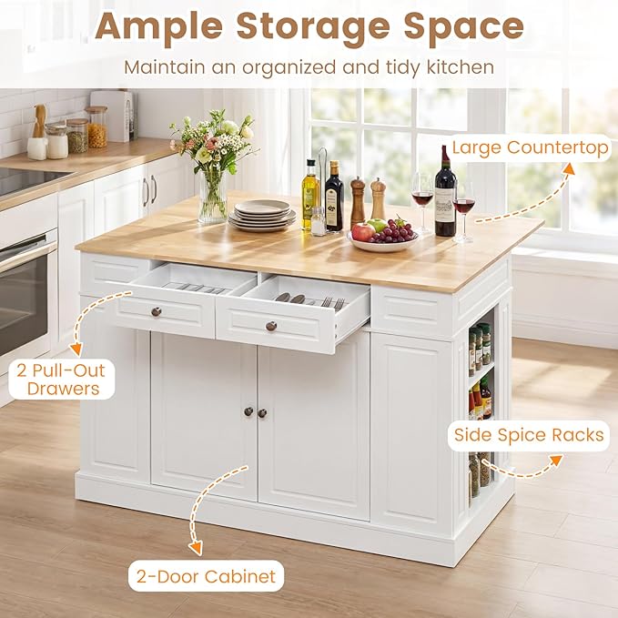 Giantex Kitchen Island with Storage & Drop Leaf, 48" Stationary Island Table with Rubber Wood Top, 2 Drawers, Cabinet, Adjustable Shelf, Butcher Block Island for Living Dining Room, Bar (White)
