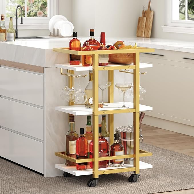 YATINEY 3 Tier Bar Cart, Home Bar Serving Cart with Wheels, Drink Cart with Glass Holder, Beverage Cart, Mobile Kitchen Cart, for Home, Garden, Party, Gold BC09DW