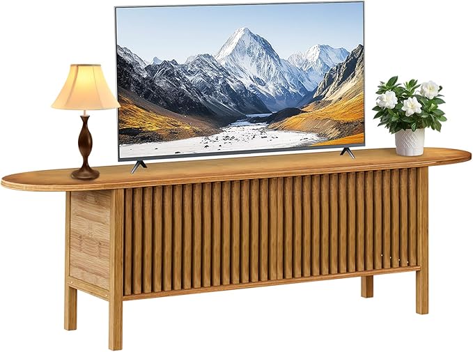 Bamboo TV Stand for TVs up to 65", Accent Entertainment Center with Storage, Media Console Table with Fence Door, Modern TV Stand for Living Room, Bedroom, 55"(L), Walnut