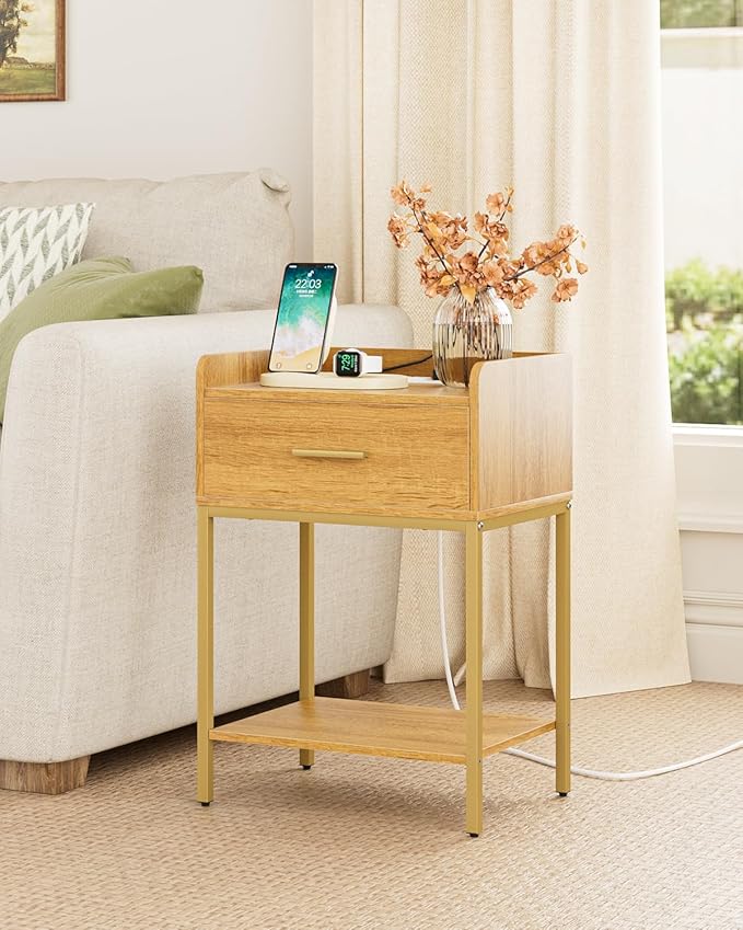 Nightstand with Charging Station, Modern Bedside Table with Drawer and Legs,Oak and Gold Night Stand with Open Shelf, Narrow Side Table for Bedroom, Living Room