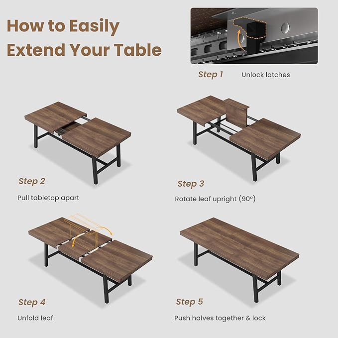GarveeHome 63-83" Extendable Dining Table, Industrial Rectangular Dining Room Table for 6-8 People, Expandable Kitchen Table with Heavy Duty Metal Frame for Dining Room, Kitchen & Parties, Brown