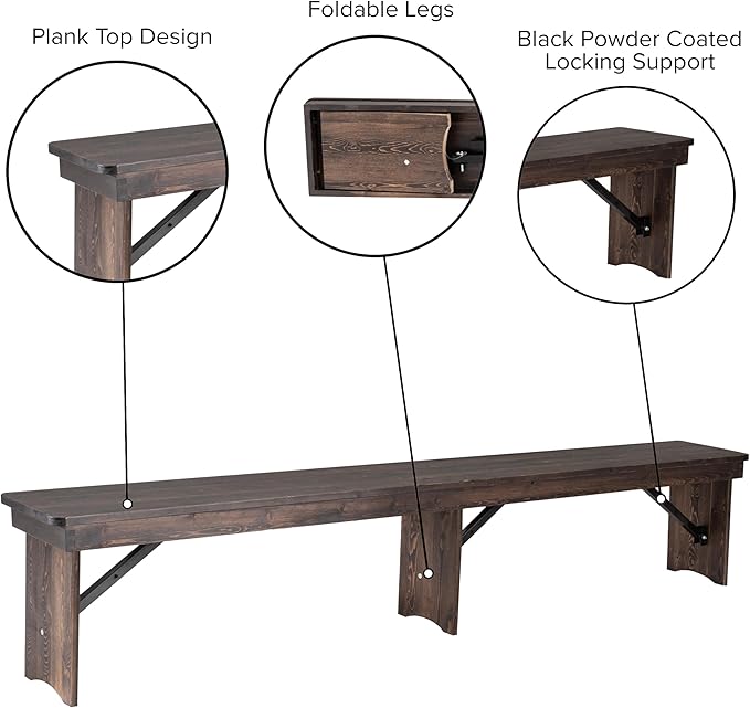 Flash Furniture HERCULES 8' x 12" Solid Pine Folding Farm Bench in Antique Rustic Mahogany