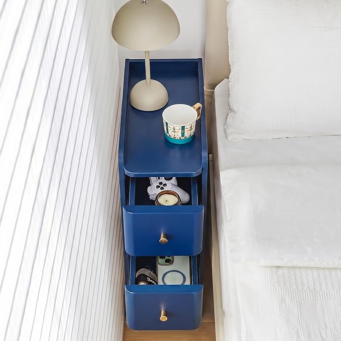 Blue Narrow Nightstand, Wooden Small 2 Drawer Nightstand, Slim Side End Table, Skinny Bedside Table, Mid Century Modern Night Stand with Drawers, for Living Room (Blue-1 pc)