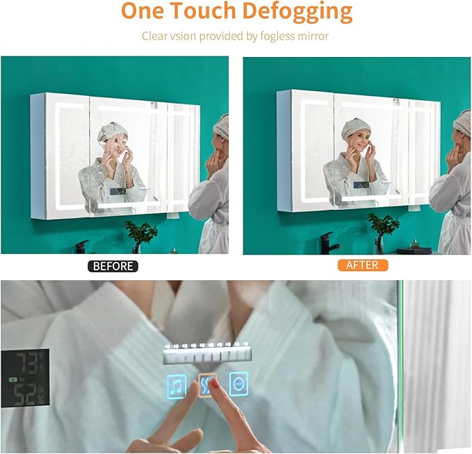 VINGLI LED Lighted Medicine Cabinet with Intelligent Mirror, Bluetooth Speaker, Weather & Temp Display, Anti-Fog, Built-in Outlet & USB, Large 3-Door Bathroom Mirror Cabinet,48 Inch, Need Assembly | LED Lighted