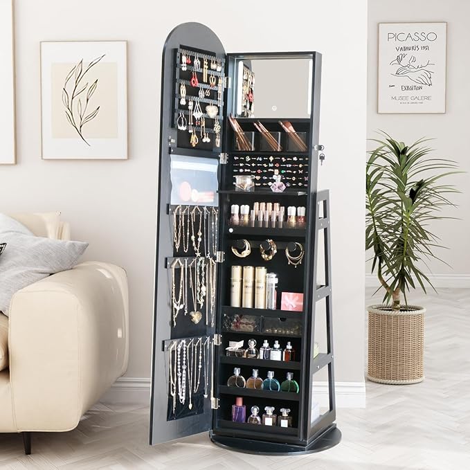 Arched Rotating Jewelry Cabinet with LED Lighted Full Length Mirror & Built-in LED Vanity Mirror, Lockable Standing Jewelry Armoire, Large Storage Organizer for Jewelry (Black)