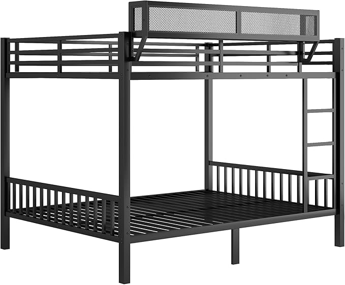 KEIKI Queen Over Queen Size Metal Bunk Bed Frame with Ladder and Built-in Storage Shelves, for Teens, Bunk Bed with Solid Slats, Guardrail, No Box Spring Required, Easy Assembly, for Bedroom, Black