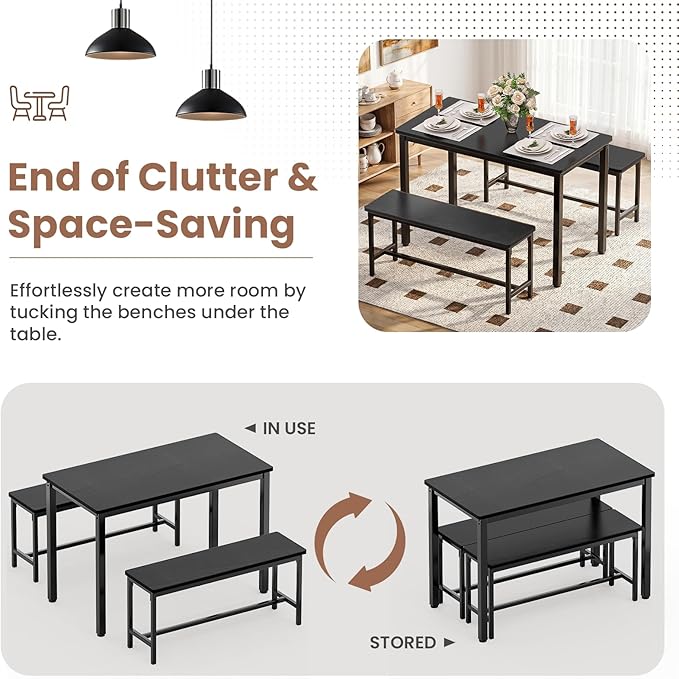 Dining Table Set for 4, Kitchen Table with 2 Benchs, Space Saving Dining Room Table Set for 4 Person, 3 Piece Office Table Set for Small Space, Breakfast Nook, Office, Apartment, Black