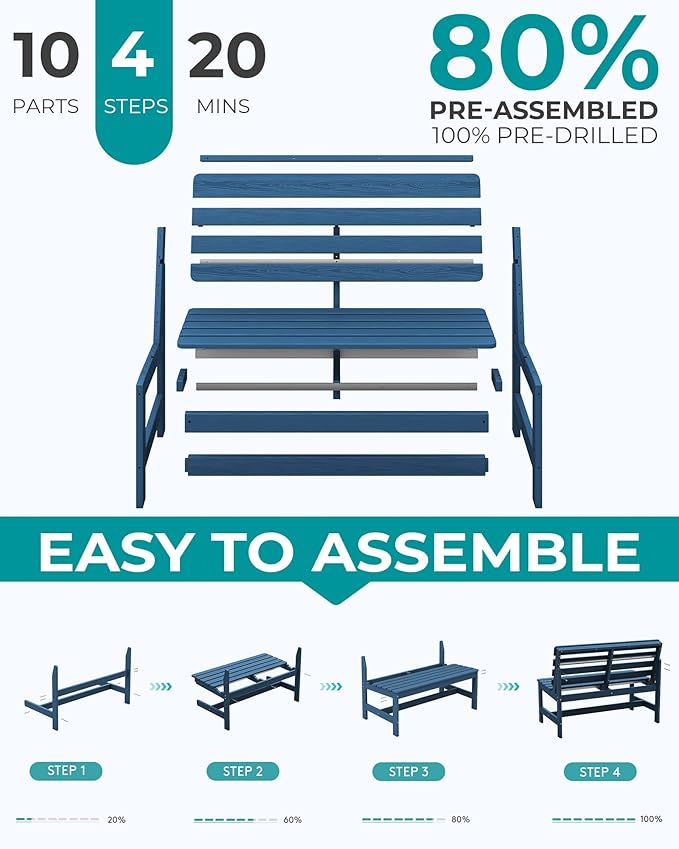 SERWALL Outdoor Bench, All Weather HDPE Outdoor Benches, 2-Person Armless Porch Bench with 600 lbs Weight Capacity, Patio Benches for Outdoors, Porch, Park and Dining, Navy, 2 Pack