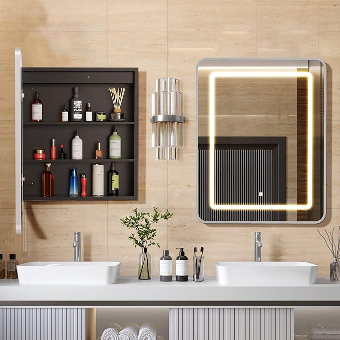 APRILSOUL 16x24 Inch Lighted Bathroom Medicine Cabinet with Mirror, Silver Recessed or Surface Mount Medicine Cabinet Mirror with Storage and LED Lights, 3 Colors Temperature, Dimmable Light