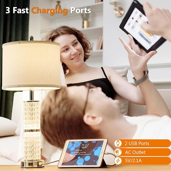 SAIWEYA Crystal Table Lamps Modern 3-Way Dimmable Bedside Lamp with 2 USB Ports & AC Outlets for Living Room Bedroom Nightstand Lamp Night Light