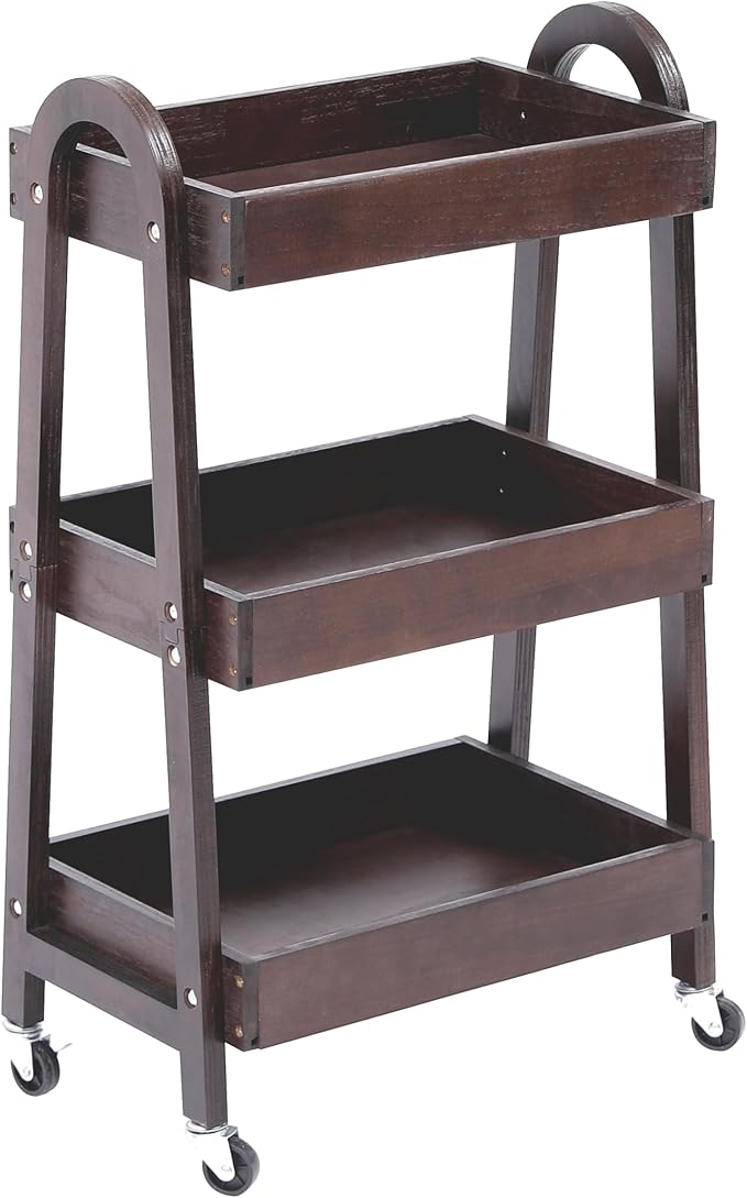 3-Tier Wooden Rolling Cart- Wooden Utility Cart wit Wheels- Utility Rolling Cart-Storage Trolley Organizer- Rolling Kitchen Cart Serving Cart for Office,Kitchen, Kids' Room (Walnut Color)