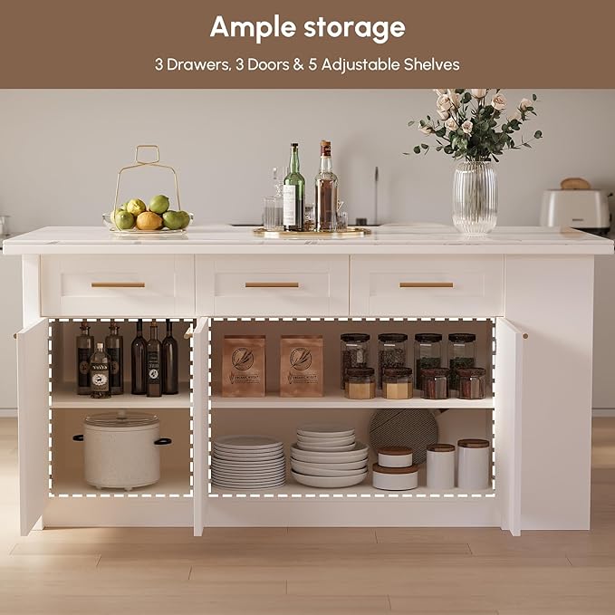homary 72" Modern Kitchen Island with Storage, White Marble-Effect Engineered Wood Top, Modern Kitchen Table for Dining Room