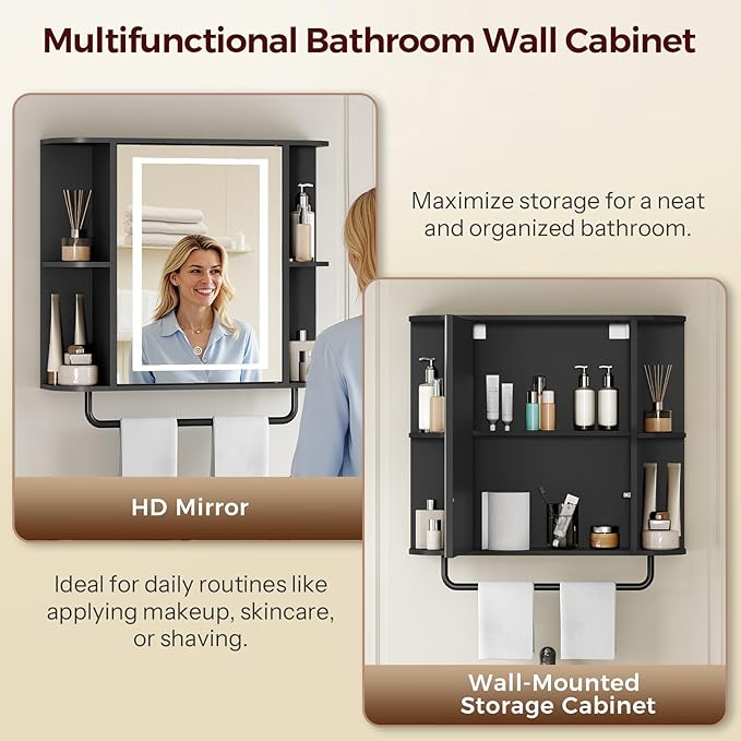MAHANCRIS Bathroom Wall Cabinet with Mirror, Mirrored Medicine Cabinet with 3 Colors LED Light and 4 Open Shelves, Wall Mounted Storage Cabinets with Adjustable Shelf, 24.7"L x 6.7"W x 26.7"H, Black