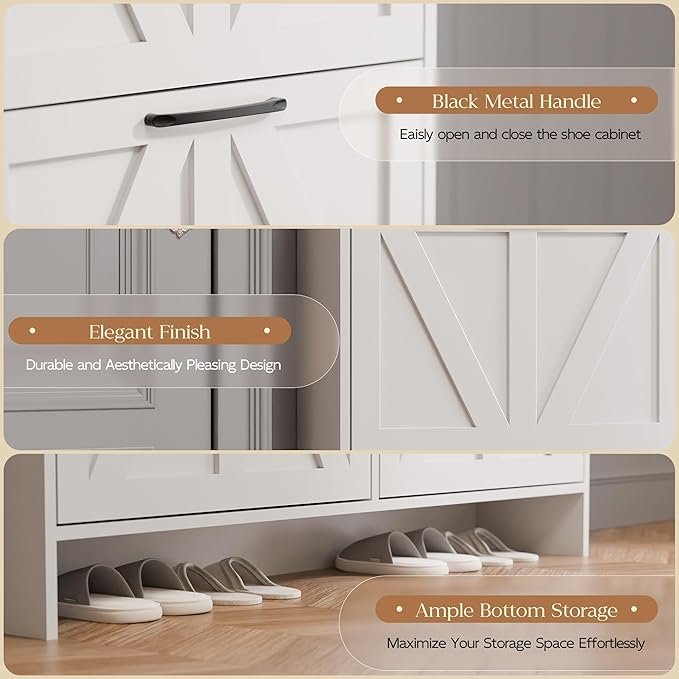 MU Shoe Storage Cabinet with 4 Flip Drawers, Freestanding Shoe Cabinet, Slim Shoe Organizer with Wood Legs for Entryway, White