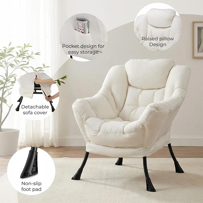 TLSUNNY Lazy Chair with Foldable Ottoman, Modern Comfy Lounge Chair, Large Sofa Armchair with Footrest and a Side Pocket, Reading Chair with Footstool for Bedroom, Living Room, Dorm (Beige)
