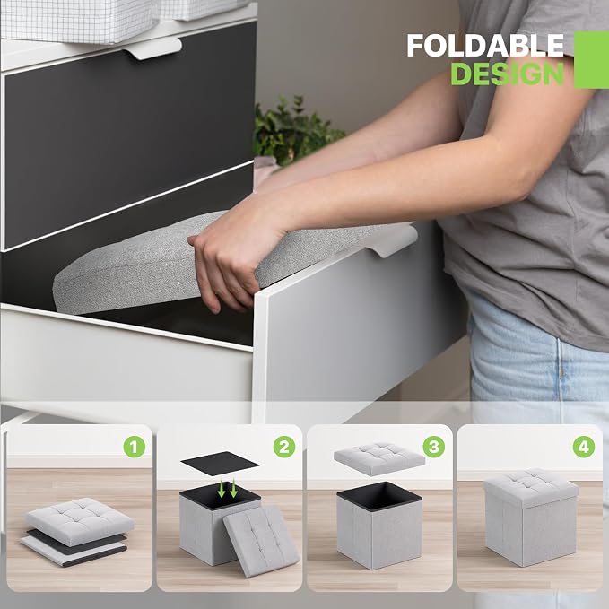 Magshion Folding Storage Ottoman Cube, 15 Inches Small Foot Rest Stool, Square Ottoman with Storage for Bedroom, Living Room, Dorm, Light Gray