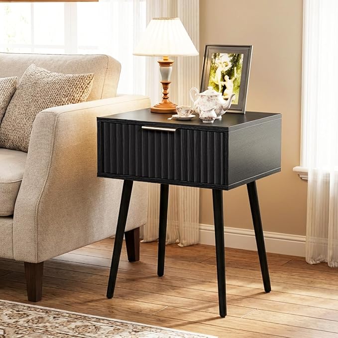 VINGLI Nightstands Set of 2, Fluted Night Stand with Drawer, Bedside Table, Wood Nightstand for Bedroom, Mid Century Modern End Tables, Black, 18.9" W*14.96" D*24" H