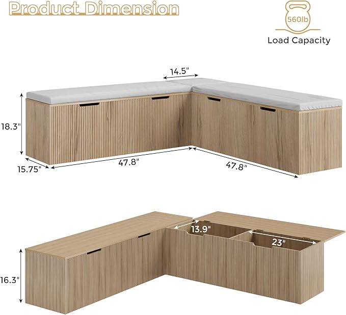 Mekminop Kitchen Breakfast Nook Bench, Backless Wood Corner Bench with Cushion Seat, L Shape Dining Bench with Hidden Storage Space, Natural Oak