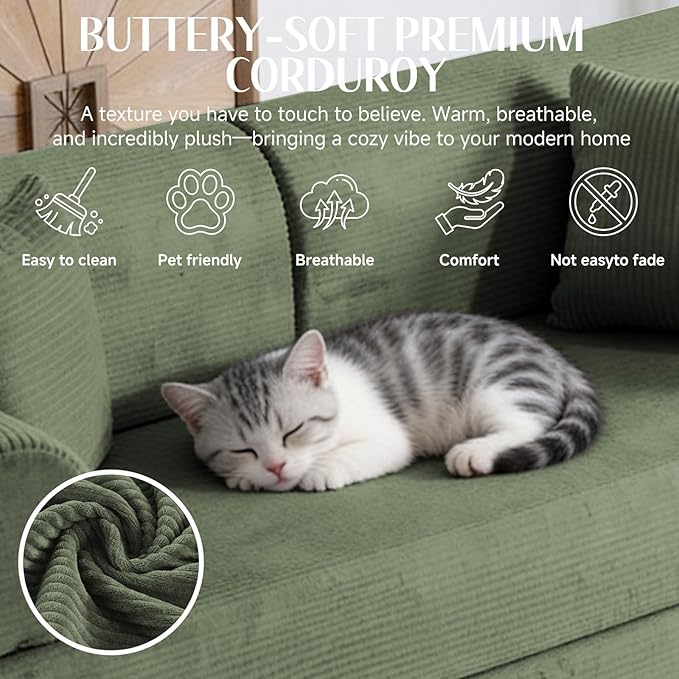78.8" Convertible Sofa Bed with Detachable Arm Pillow, 6-in-1 Sectional Couches for Living Room, Corduroy Boneless Couch, Sleeper Loveseat Couch Bed, No Assembly, Grayish Green Couch