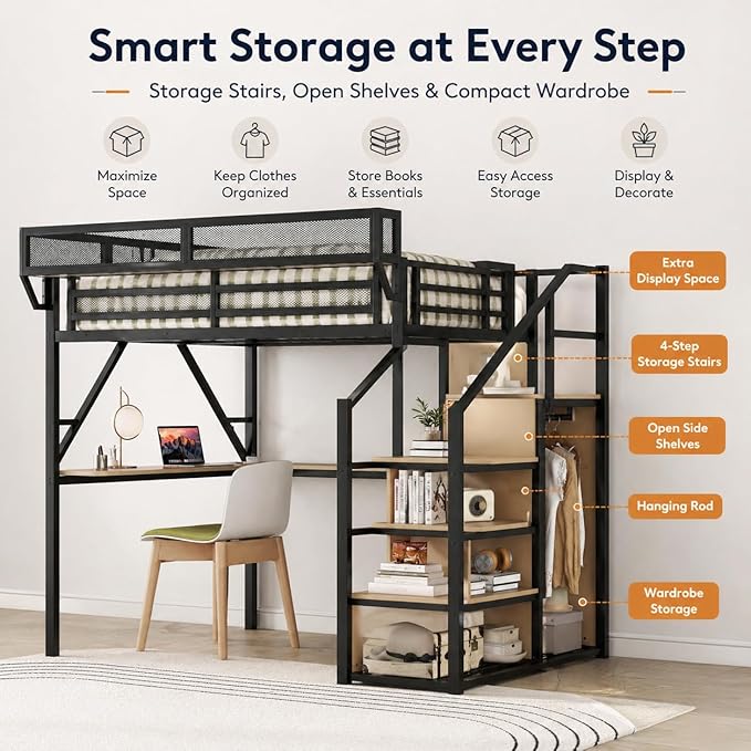 Mirightone Full Loft Bed with Desk and RGB Light, Metal Loft Bed Frame with Stairs and Bedside Shelf, Heavy-Duty Lofts Beds with Storage Shelves and Wardrobe for Kids Teens, Black