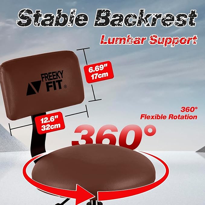Shop Stool with Backrest, Mechanic Garage Stool for Workshop, Adjustable Shop Stools Chair, Padded Workbench Stools for Men Women, 300 LBS Capacity, 360° Swivel PVC Seat, Heavy Duty, Brown