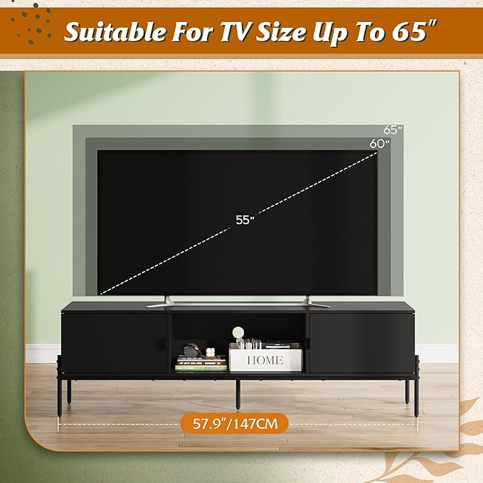 WLIVE 58" TV Stand for 65 Inch TVs, Mid Century Modern Entertainment Center with 2 Storage Cabinets & Open Shelf, Media Console Table with Metal Legs for Living Room, Bedroom, Black