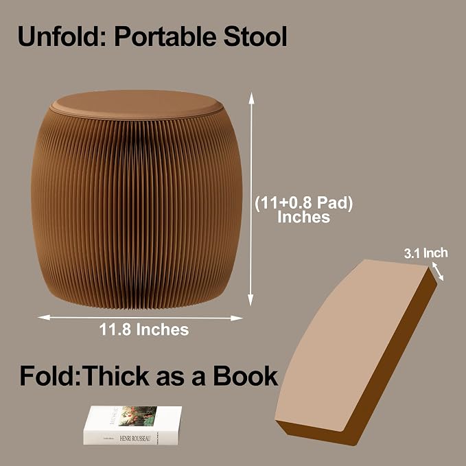 Drum-Shaped Collapsible Accordion Folding Stool, 660lbs Weight Capacity Kraft Paper Ottoman Seat with Cushion, Portable Space-Saving Foot Rest Stool for Home, Dorm & Office (11 Inch, Brown)