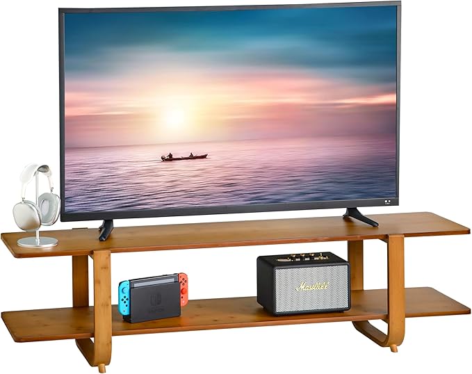 Bamboo TV Stand for TVs up to 65", Media TV Console Table with Storage, Accent Entertainment Center with Shelf, Modern TV Stand for Living Room, Bedroom, 55"(L), Walnut