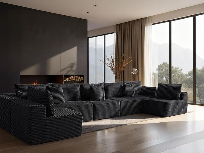 168" Cloud Sectional Couch, Comfort U Shaped Sofa for Living Room, Extra Deep Seats No Assembly, Minimalist Modular Couch, Corduroy (Black, 7 Seats,U-Shape B)