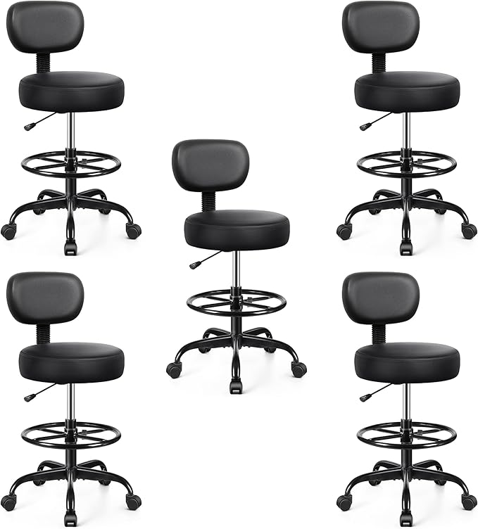 Brick Attic Drafting Chair with Backrest – Adjustable Foot Rest Rolling Stool with Wheels, PU Leather Swivel Stool for Office Spa Studio Lab Counter Salon Home Work Bar Kitchen Shop(Black), Pack of 5