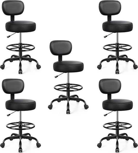 Brick Attic Drafting Chair with Backrest – Adjustable Foot Rest Rolling Stool with Wheels, PU Leather Swivel Stool for Office Spa Studio Lab Counter Salon Home Work Bar Kitchen Shop(Black), Pack of 5