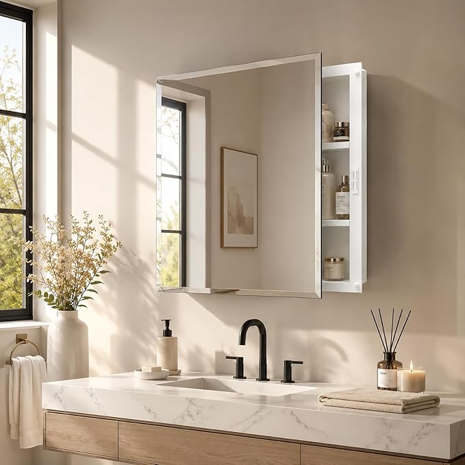 Plastic Bathroom Medicine Cabinet Mirror 16x20 inch, Recessed Medicine Cabinet or Surface Wall Mount Bathroom Cabinets with Adjustable Shelves, Beveled Edge Mirror Cabinet