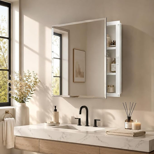 Plastic Bathroom Medicine Cabinet Mirror 16x20 inch, Recessed Medicine Cabinet or Surface Wall Mount Bathroom Cabinets with Adjustable Shelves, Beveled Edge Mirror Cabinet