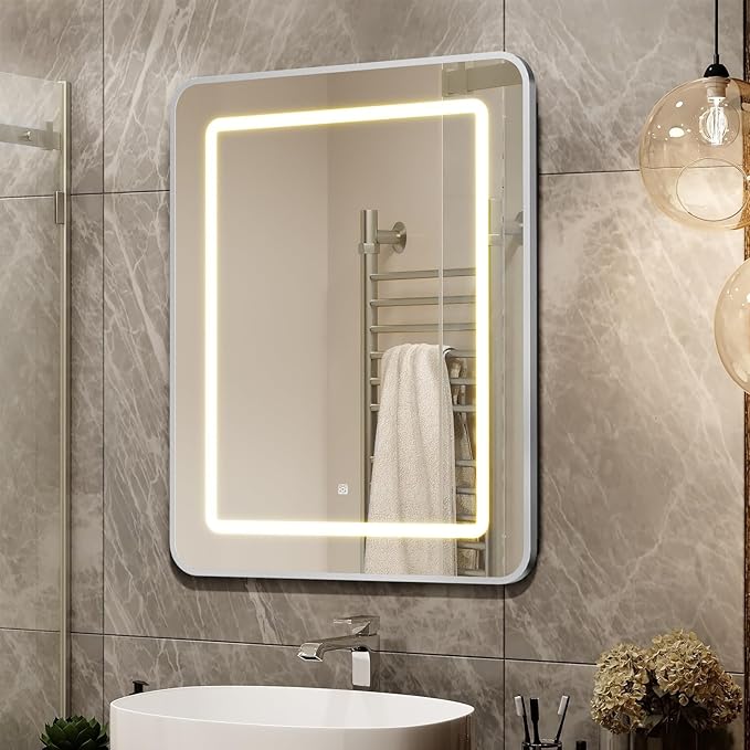 APRILSOUL 16x24 Inch Lighted Bathroom Medicine Cabinet with Mirror, Silver Recessed or Surface Mount Medicine Cabinet Mirror with Storage and LED Lights, 3 Colors Temperature, Dimmable Light