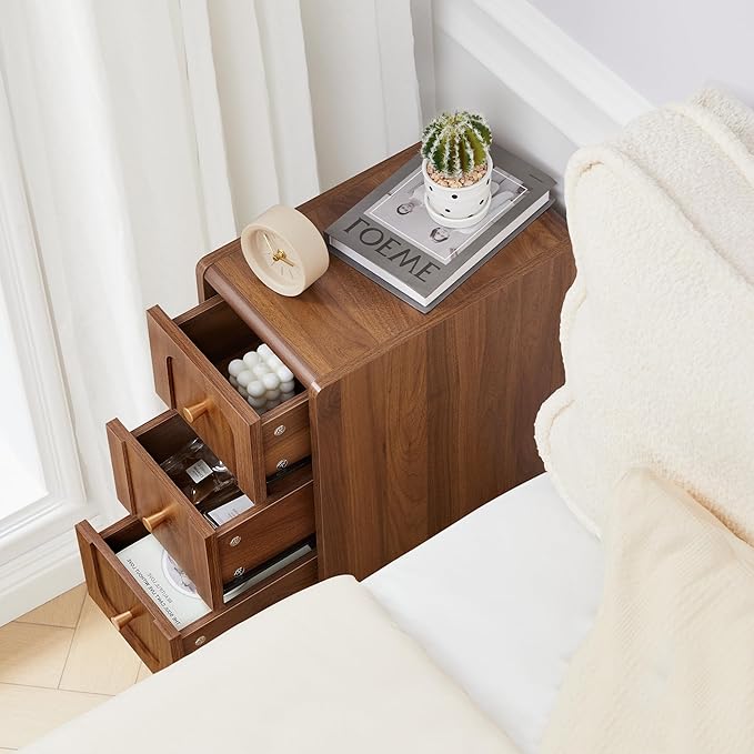 Small Nightstand Set of 2, Narrow Nightstand Slim Couch Side Table with Drawers, Wood End Tables with Storage for Living Room, Bedroom, Small Spaces (Walnut-2pcs)