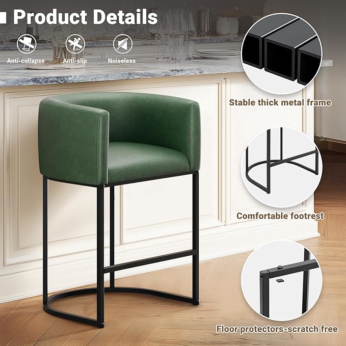 26" H Counter Height Bar Stools Set of 4, Modern Barrel Counter Stools with Backrest and Arms, Faux Leather Upholstered Accent Barstools for Kitchen Island,Support 450 LBS (Green)