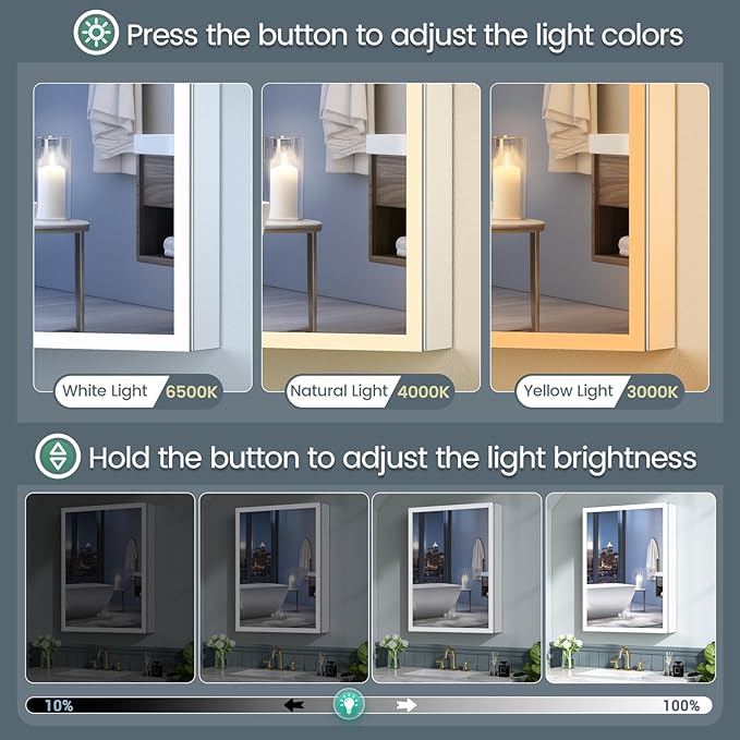16x24 Inch Medicine Cabinet with Lights, AL Alloy Frame, Hardwired, Recessed or Wall Mount, Mirror Doors/3 Colors/Dimmable/Defog, 2 Outlets & USBs, 2 Shelves (Right Hinge)