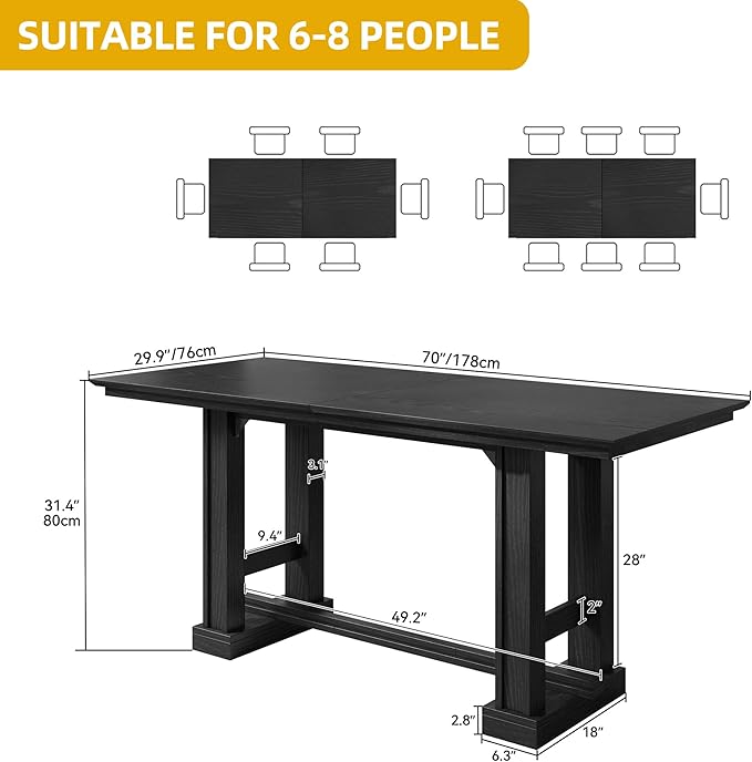 DWVO Farmhouse Dining Table for 6-8 People, 70" Long Kitchen Tables with Wooden Sturdy Legs, Large Rectangular Dinner Table for Kitchen, Dining Room, Living Room, Black