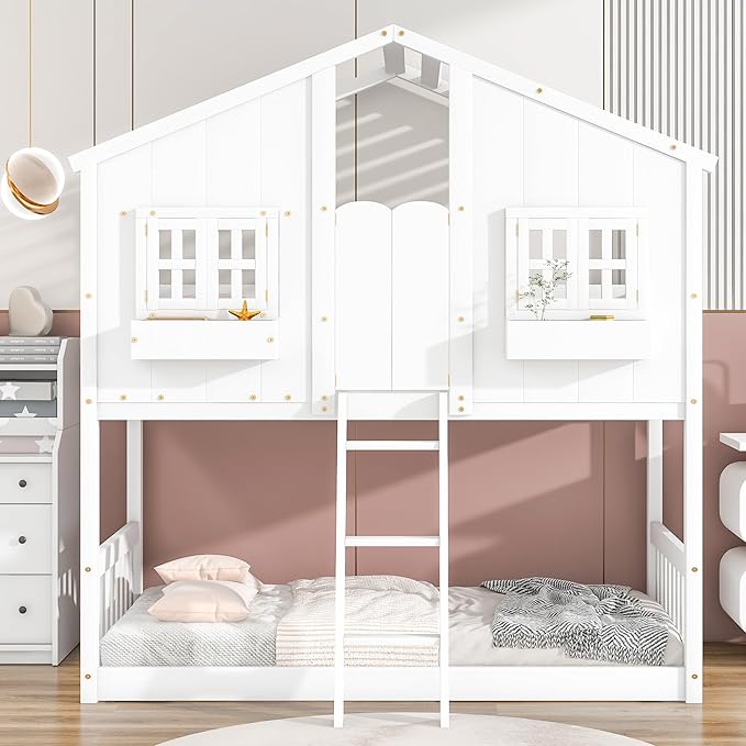 Wooden Twin Over Twin Floor Bunk House Bed with Door and Window Built-in Storage Box, Low Loft Bunk Bed for Kids Girls Boys Adults, No Box Spring Needed, White