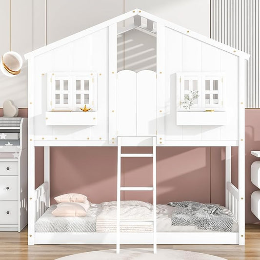 Wooden Twin Over Twin Floor Bunk House Bed with Door and Window Built-in Storage Box, Low Loft Bunk Bed for Kids Girls Boys Adults, No Box Spring Needed, White