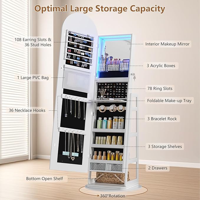 HWB Arched Mirror Jewelry Cabinet with Storage, LED Jewelry Armoire w/Full Length Mirror & 360° Swivel, Standing Jewelry Holder Organizer with Rear Storage Shelves & Hooks, Lockable - White