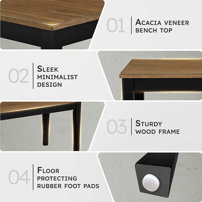 Lexicon 48" W Brown Black Dining Bench for Table - Solid Wood Frame Entryway Bench, Wood Seat, Sturdy Accent Seating for Kitchen, Living Room, Dining Room, Easy Assembly, Two-Tone (Brown and Black)